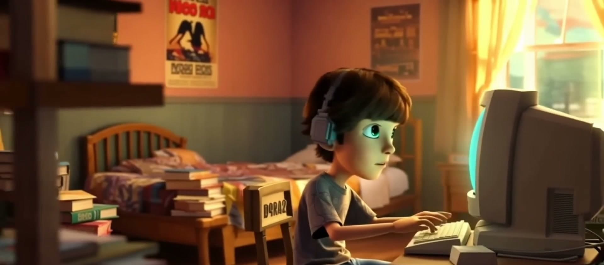 A kid in a 1995 bedroom learning to use a computer with headphones on.