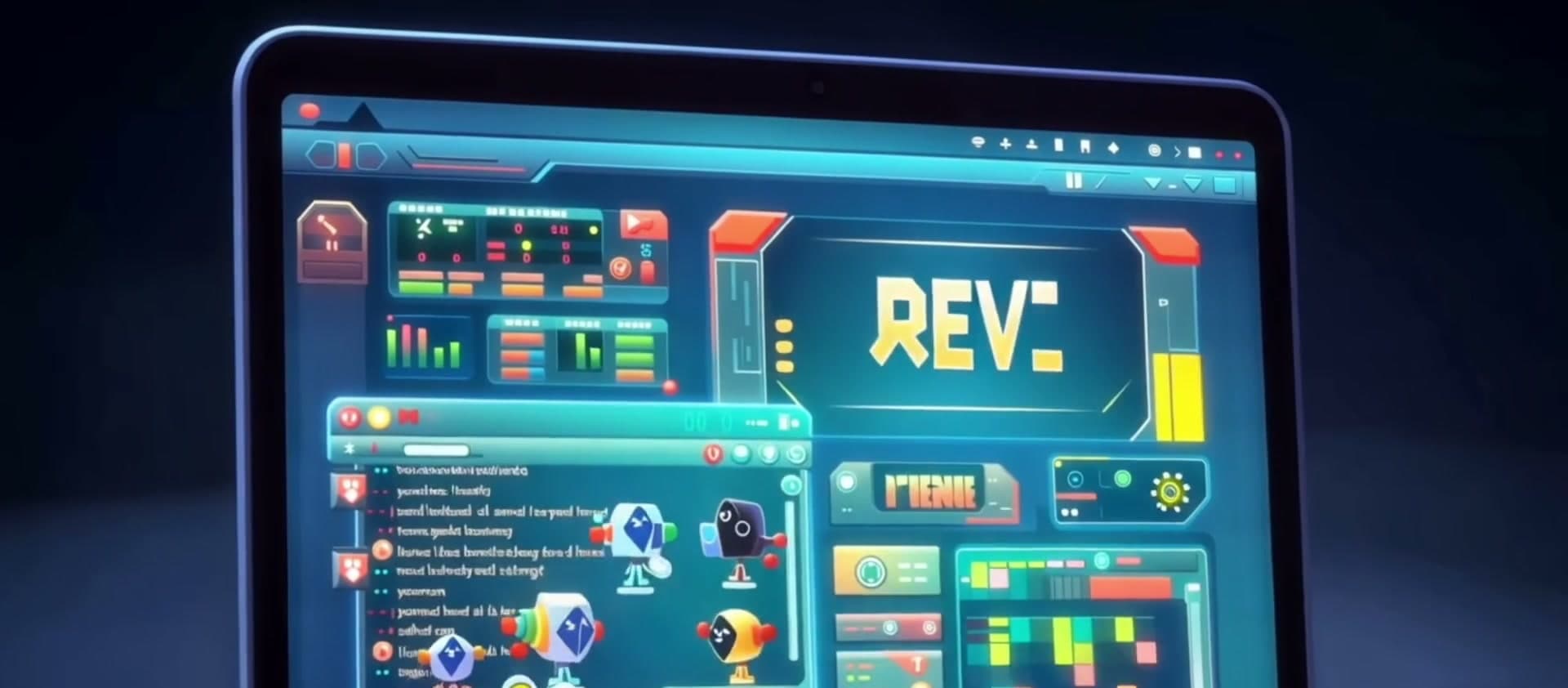 A cartoon Mission Control dashboard on a laptop screen — agents, charts, and live status.
