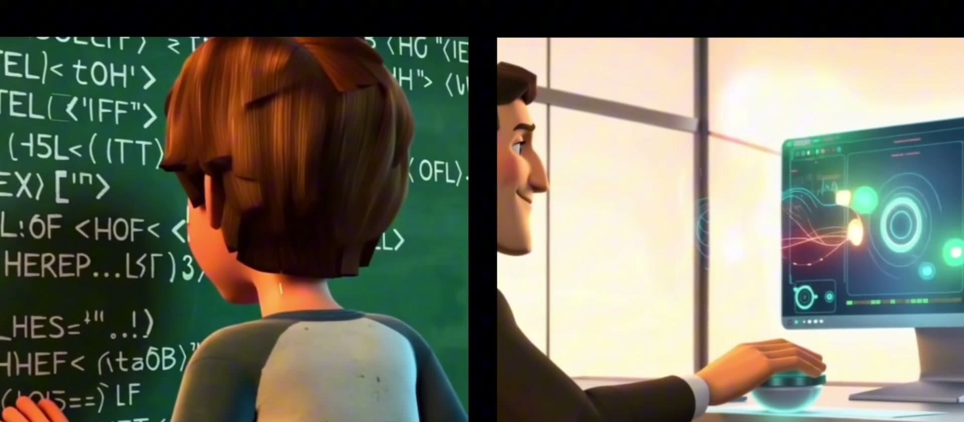 A kid learning HTML on a chalkboard in 1995 next to an adult using a modern AI dashboard in 2026.